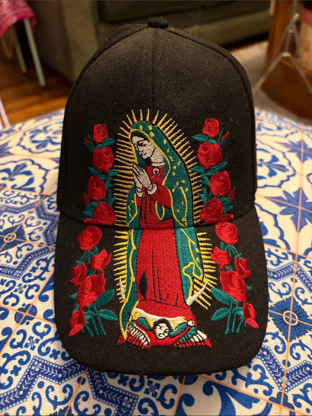 Black Embroidered Virgin Mary Baseball Cap - Women Accessories
